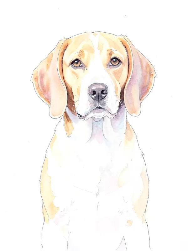 Retrato en acuarela de un perro de orejas caídas en tonos suaves