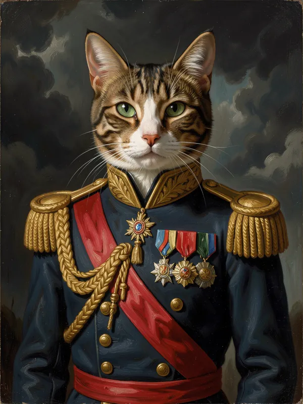 Retrato de un gato atigrado con uniforme de almirante azul, charreteras doradas, banda roja y medallas