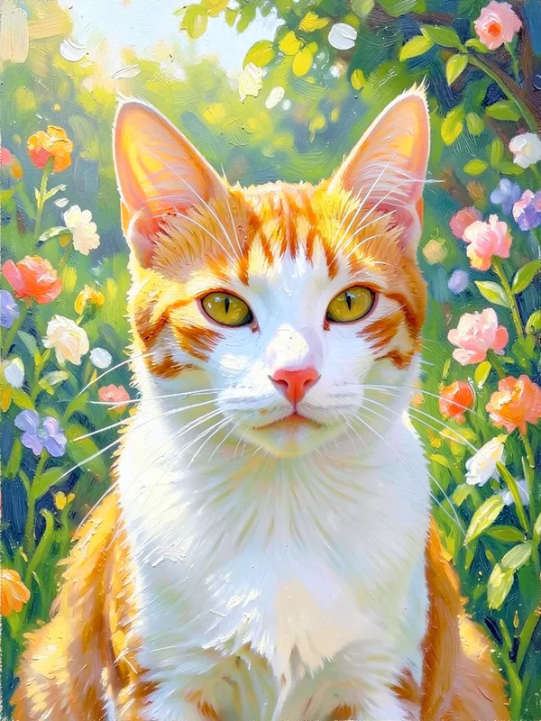 Retrato impresionista de un gato naranja y blanco en un jardín con flores