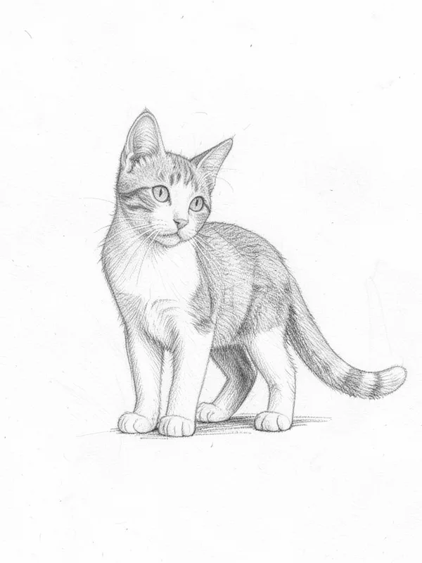 Dibujo a lápiz de un gato de pie, en grafito sobre papel claro