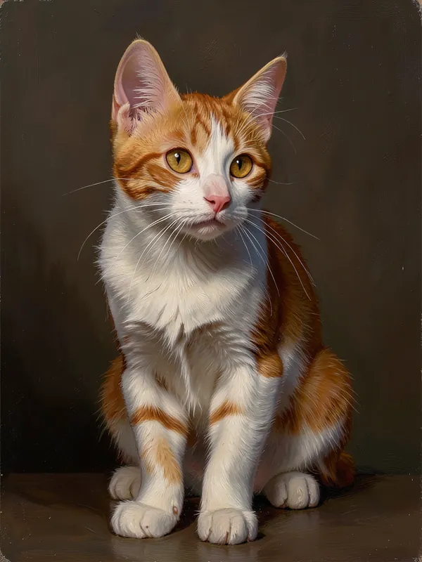 Retrato al óleo de un gato naranja y blanco sentado, sobre fondo oscuro