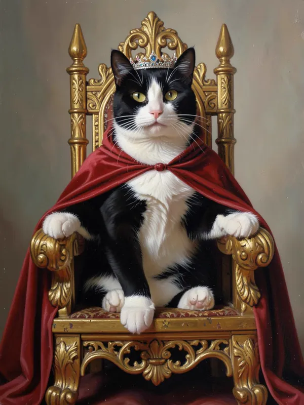 Retrato de un gato blanco y negro como rey, con corona y capa roja en un trono dorado