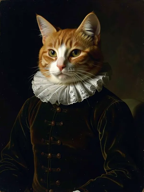 Retrato renacentista de un gato atigrado naranja con gorguera blanca y jubón de terciopelo