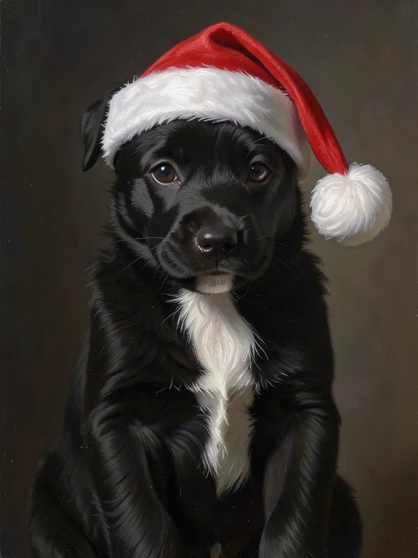 Retrato al óleo de un cachorro negro con gorro de Papá Noel