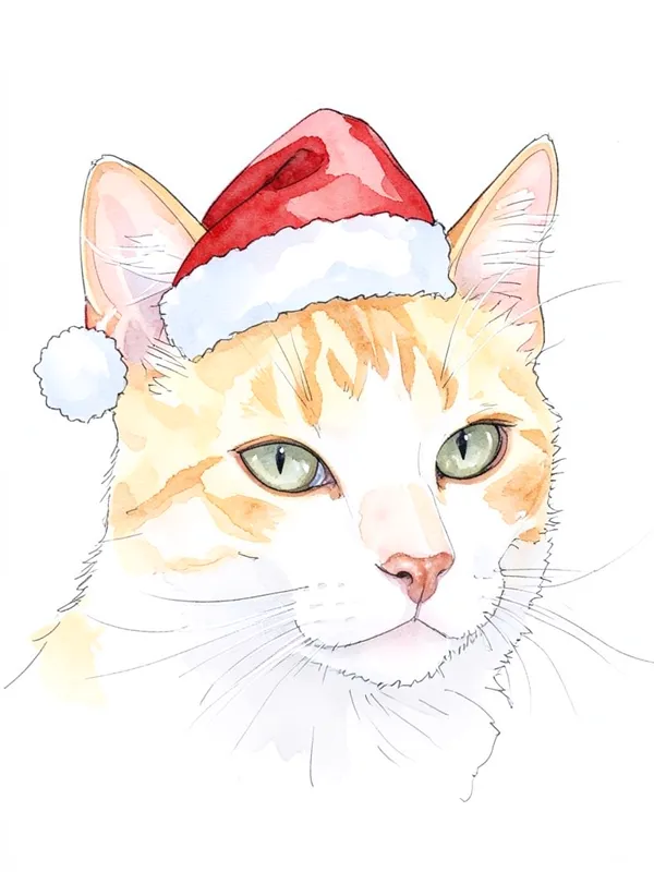 Gato atigrado naranja con gorro de Papá Noel, en acuarela