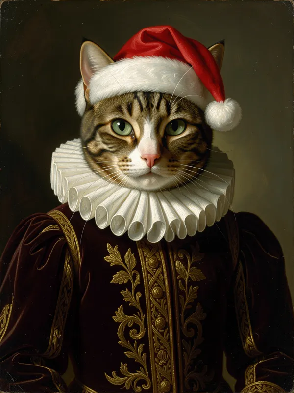Gato atigrado con gorguera y gorro de Papá Noel, retrato renacentista